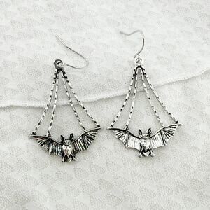 Silver Bat Earrings, Halloween Earrings, Dangle Bat Earrings, Vampire Earrings